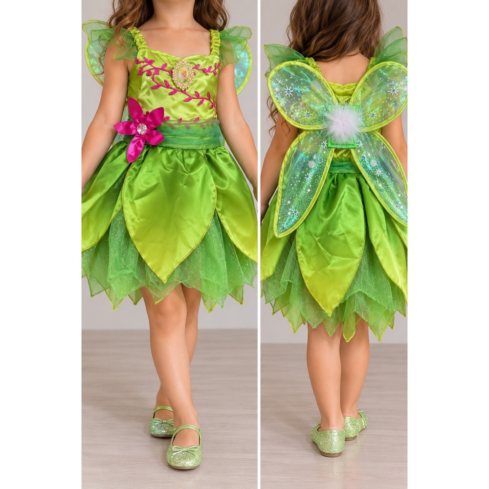 Disney Tinker Bell Fairy Costume Green Dress with Detachable Wings Girls